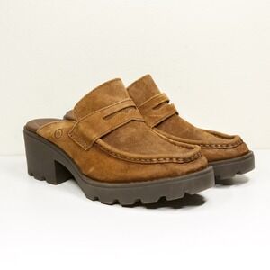 BORN Chunky Mules Suede Heeled Clogs Distressed Y2K Academia Preppy Twee Sz‎ 6M